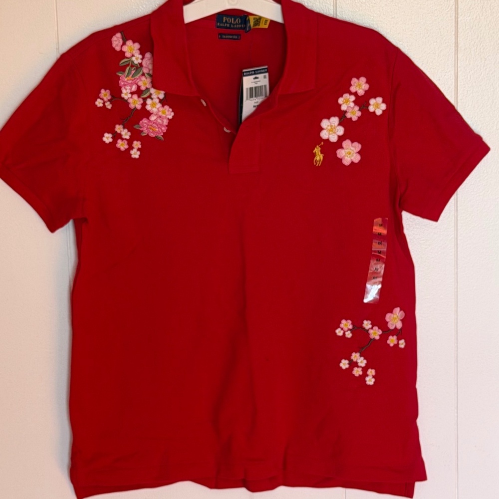 Polo Ralph Lauren Cherry Blossom Embroidered Polo Shirt Women’s Size Medium